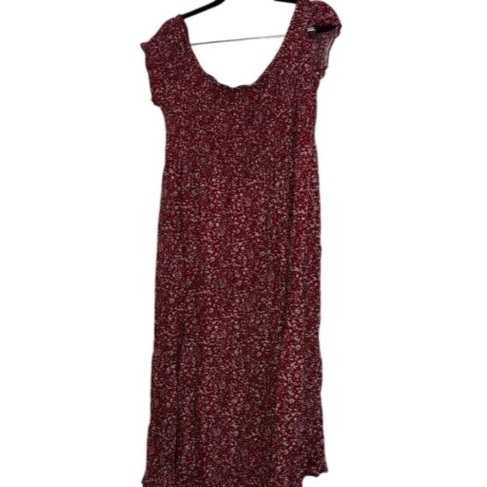 Red Floral Smocked Maxi Dress For Women 4XL 100% Rayon Lightweight & Stretchy Fa